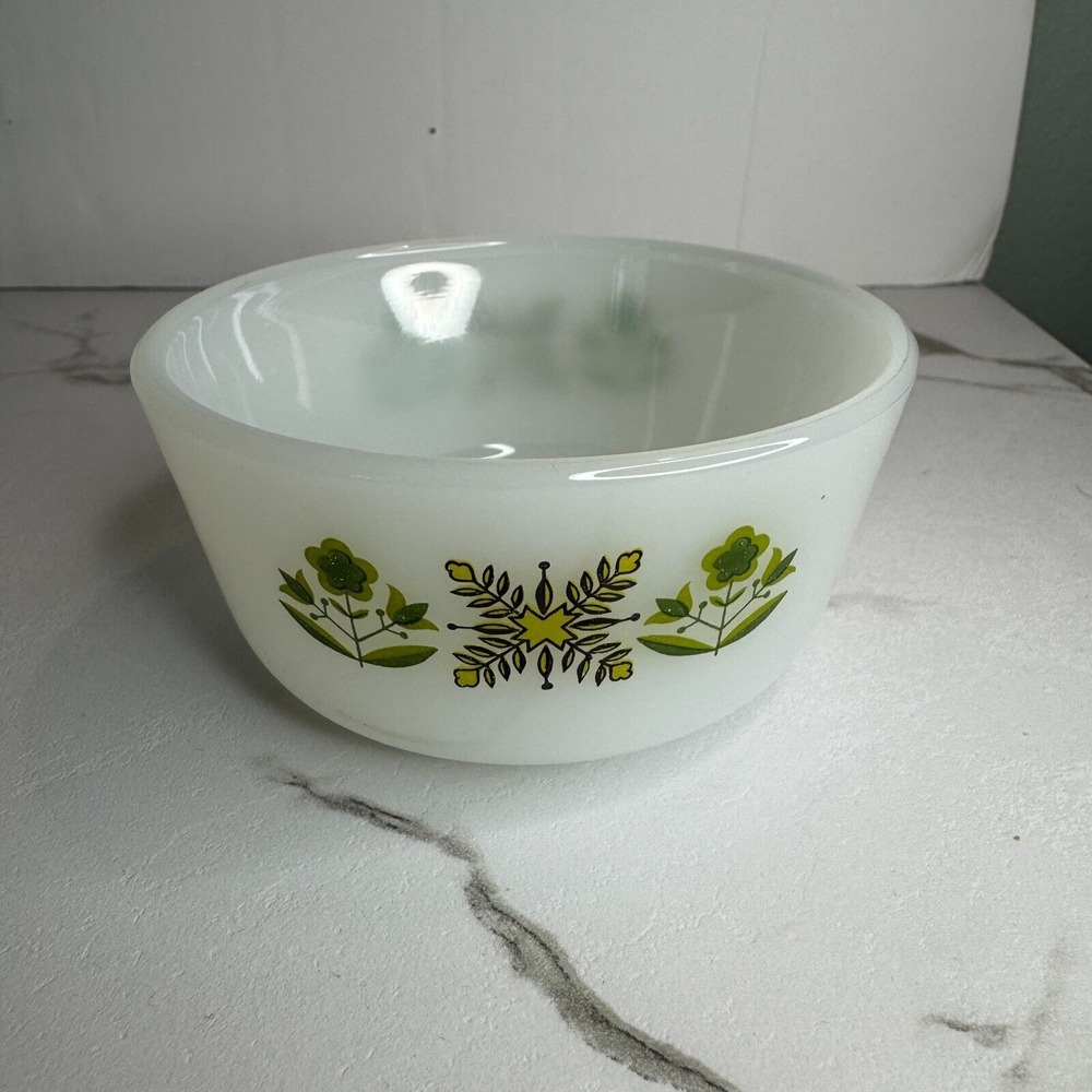 Fire King Anchor Hocking Custard Cup OliveGreen Meadow Fern Leaves Flowers